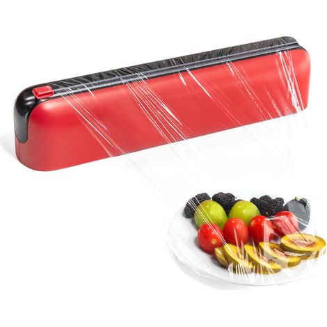 Derouleur Film Alimentaire avec Coupeur - Montage Magnétique sans Percage, Distributeur Papier Aluminium et Film - Coupe Nette, Organisateur de Cuisine Compact pour Rouleaux 31 cm, Rouge (1/5)