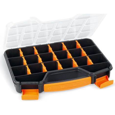 Boîte d’assortiment, boîte de rangement en plastique, max. 20 compartiments, 16 séparateurs amovibles, couvercle transparent, empilable, pour vis écrous clous, petites pièces, atelier garage (1/5)