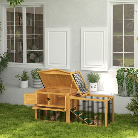 Clapier de sol cage à lapin niche supérieure avec rampe enclos extérieur porte verrouillable 150 x 52,5 x 68 cm jaune
