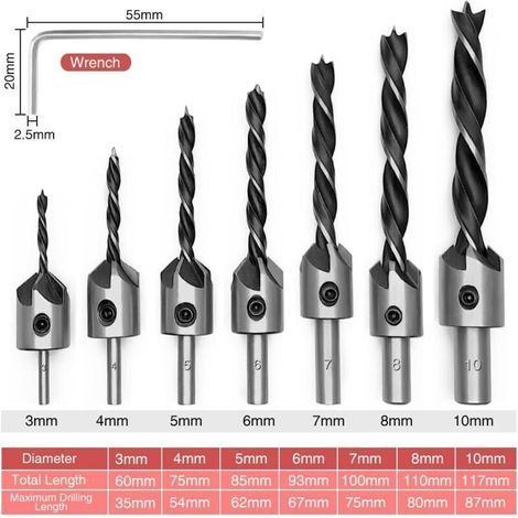 Forets à bois + fraises coniques HSS 5 cannelures – Lot de 7 outils de charpenterie avec clé hexagonale pour chanfreiner (1/2)