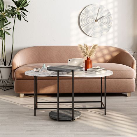 Decortie Table basse moderne à câliner Effet marbre blanc Rétro gris 2 pièces Table gigogne ronde à roulettes et table ovale pieds métal (1/3)