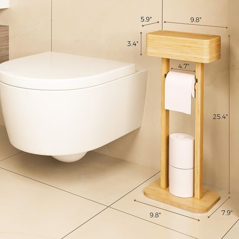 4-in-1 Toilet Paper Holder Stand with Storage Shelf Box, 360° Rotating Bamboo Freestanding Toilet Tissue Roll & Toilet Wipes Dispenser Organizer for Bathroom Desktop Decor (1/4)