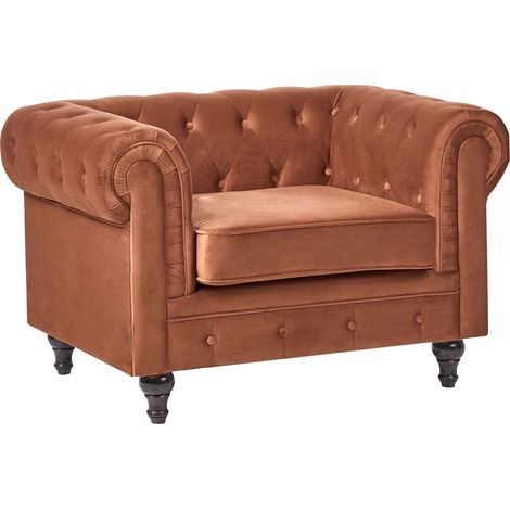 Chesterfield Armchair Golden Brown Velvet Fabric Upholstery Rubberwood Legs Contemporary CHESTERFIELD (1/5)