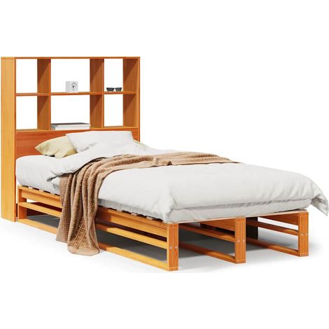 Lit simple  Lit adulte  Lit bibliothèque sans matelas cire marron 100x200cm bois massif