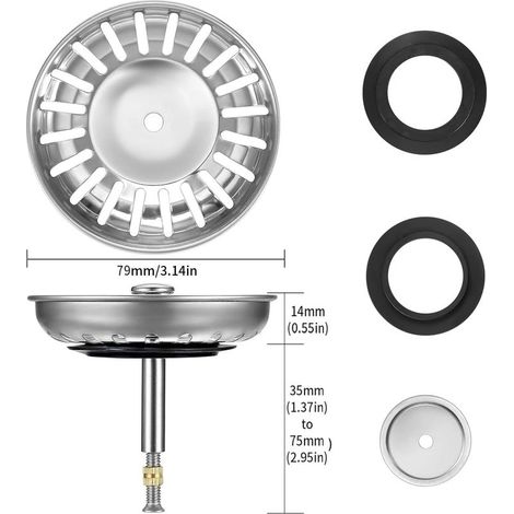 Bouchon evier Cuisine 79 mm,Filtre evier et bonde evier Cuisine,Bouchon d'évier pour Filtration des résidus et l'écoulement Rapide,Crepine evier Cuisine avec Bouchon Panier Pop-Up,2 Joints (1/5)