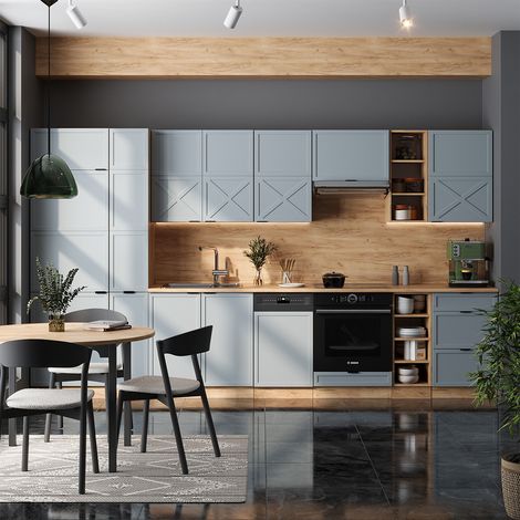 Cuisine Fame-Line, Bleu clair-gris/chêne force d'or, 355 cm sans plan de travail, Vicco (1/5)