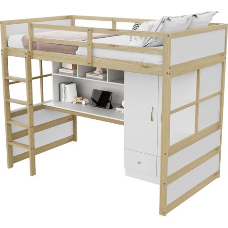 Lit mezzanine 90 x 200 cm avec bureau, armoire et tiroirs, échelle droite, bois clair, pour enfant et ado  CHICFURN (1/5)