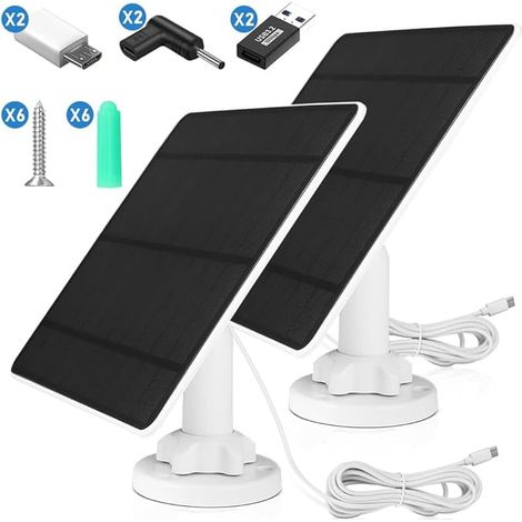 Lot de 2 Panneau Solaire 5W pour Caméra de Sécurité, Panneaux Solaires pour Caméra Battery Cam Pro, caméra et caméra Essential Spotlight/XL Spotlight, avec port Micro USB, DC, Type-C (1/5)