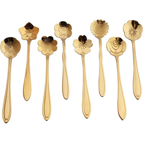 Ensemble de 8 cuillères à café, cuillères à dessert et cuillères à sucre en acier inoxydable à motifs floraux créatifs, compatibles avec les ustensiles pour remuer. (1/5)