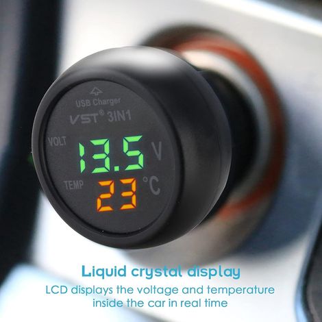 Voiture Voltmètre, 3 en 1 USB 5V 2A Charge Rapide, Voiture Voltmètre Numérique, Prise Thermomètre, pour 12-24V Bus de Voiture Camion Recharge de Téléphone Portable MNS (1/4)