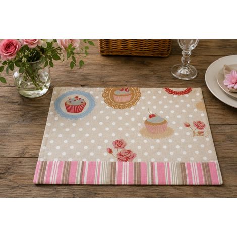 Set de table Cupcakes & Rayures Roses en coton - 33x48cm - Rose (1/2)