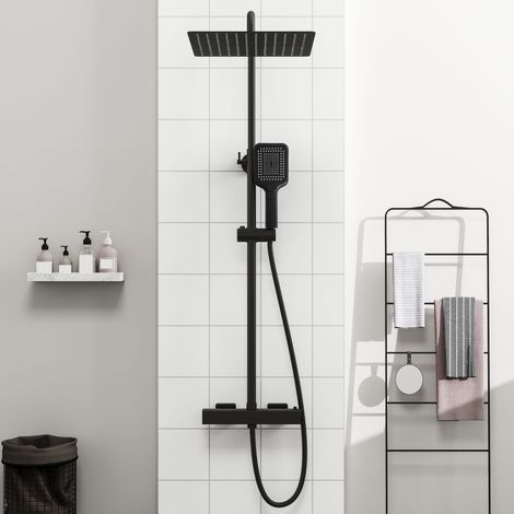 OCEAN Colonne de douche thermostatique avec pomme de douche 30 cm en acier inox, douchette en ABS 3 modes, hauteur réglable, noir
