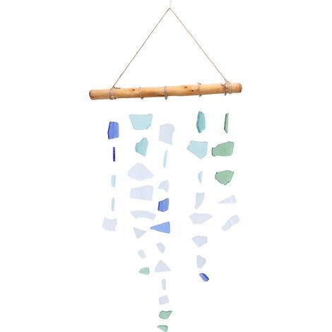Handgefertigtes Windspiel für den Außenbereich aus Treibglas und Holz, ideal zur Dekoration von Terrasse, Garten oder Patio. (1/5)