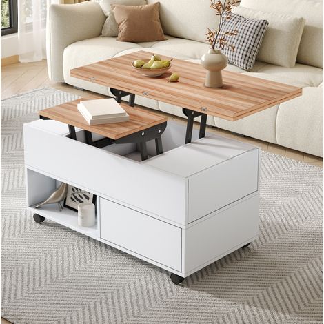 Tavolino da centro sollevabile con ruote 100 x 50 x 52 cm, 4 cassetti, bianco e legno OKWISH (1/5)