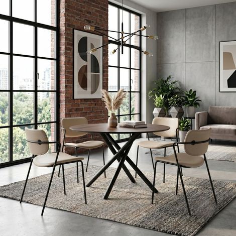 Table ronde design + 4 chaises PU beige et métal noir - AMAEL (1/5)