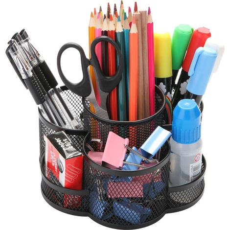 Porte-stylo rotatif en métal, rotation 360°, 7 compartiments, base antidérapante en caoutchouc, noir, organisateur de bureau, 1 pièce