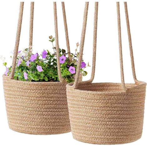 Panier suspendu en macramé 2pcs – Corde de coton naturel – 20x20x15cm – Décoration intérieure et extérieure – Solution pour plantes en pot (1/5)