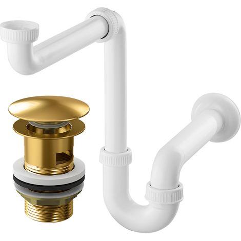 Siphon Économiseur d'Espace et Bonde Click-Clack Dorée pour Lavabo avec Trop-plein (1/3)