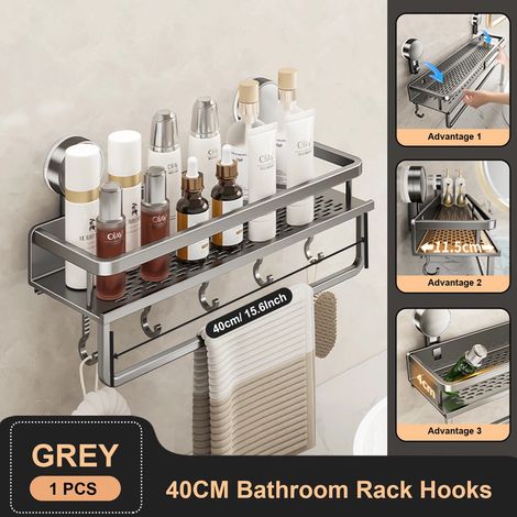 Étagère de salle de bain à ventouses (40 cm, grise) - Fixation murale en aluminium sans perçage - Organisateur de salle de bain à suspendre au mur (1/5)