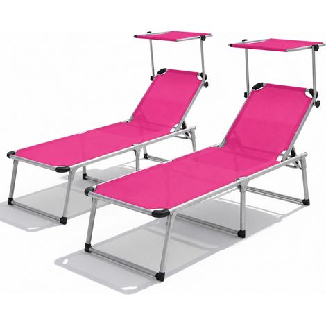 Lettini Pieghevole Coppia Di Prendisole Tettuccio Parasole Schienale Reclinabile Regolabile 6 Posizioni Struttura In Alluminio Sedia Sdraio Spiaggia Mare Giardino Piscina 187 x 59 x 29 Cm Rosa