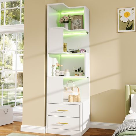 Estantería de esquina blanca de 165 cm con LED y 2 cajones, 4 niveles, madera (1/5)
