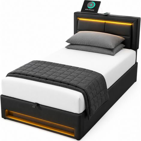 Lit coffre 90x200 cm en PU noir, avec rangement pour chambre, sans matelas - FLORAGRACE (1/5)