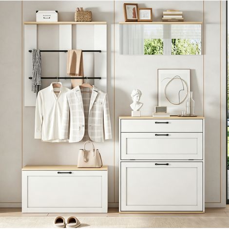 Mueble de Entrada con 1 Cajón, 1 Zapatero Abatible, 2 Puertas Abatibles y Espejo, para Recibidor, MDF, Blanco y Natural (1/5)