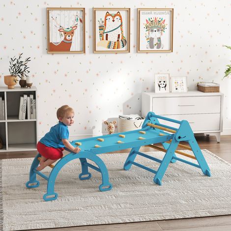 7-in-1 Montessori-Kletterdreieck aus Holz mit Bogen und Rampe für Kinder von 18–48 Monaten, 188 x 70 cm, Blau