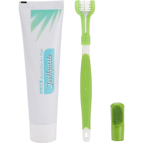 3 pièces Brosse à dents pour animaux de compagnie, brosse 3 faces + brosse digitale + dentifrice, pour chiens et chats (1/5)