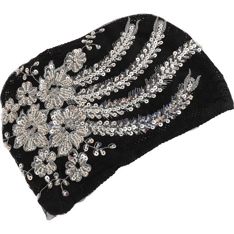 Chapeau en dentelle florale, bandeau, bonnet, foulard musulman pour les activités quotidiennes ou la chimiothérapie, noir et argent, fleurs (1/5)