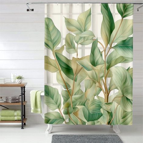 Rideau de douche plantes vertes bohème, œillets plastique, lavable (1/5)