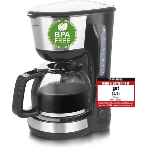Emerio CME-122933 - Macchina da caffè con filtro, 1,25 l, per fino a 10 tazze di caffè fresco, filtro permanente rimovibile, funzione antigoccia, caraffa in vetro, Auto Off, 1000 Watt, nero/argento (1/5)