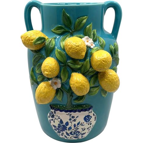 Piccolo Vaso Decorativo Limoni in Stile Mediterraneo in Ceramica, Ideale per Regali e Decorazioni per la Casa