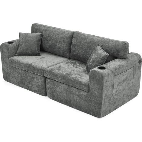 CAIziCanapé relax 2 places pour petits espaces, en doux tissu chenille, équipé d’une poche latérale pour magazines, d’un porte-gobelet et de coussins, adapté au salon, au bureau, à la chambre d’amis e (1/5)