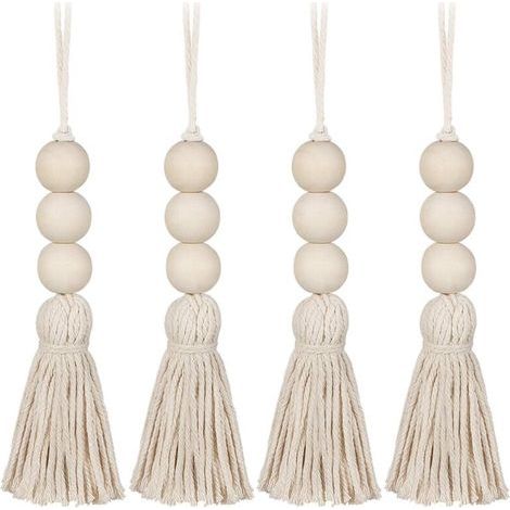 4Pcs Gland Perles en Bois Ferme Perles Glands Perles de Prière Naturelles Coton Ligne Décorative Tenture Murale Pompon Perle Pendentif pour Placard Armoire Porche (1/5)