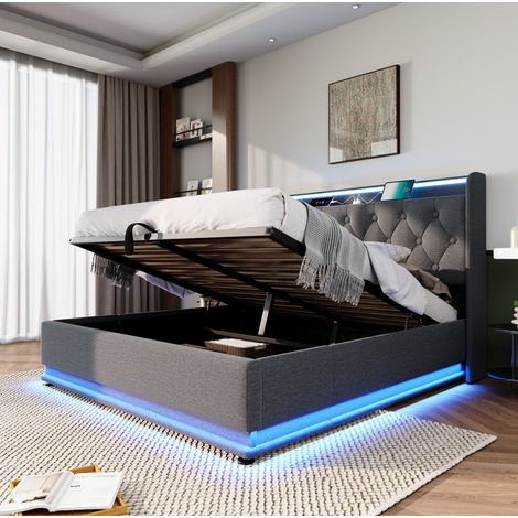 Doppelbett 160x200 cm grau aus Leinen mit LED, USB-C und Stauraum inklusive Matratze (1/5)