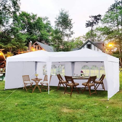 CLIPOP Tonnelle de jardin 3 x 6 m avec 4 parois latérales, résistante à l'eau et aux UV, avec cadre en acier robuste et sac de transport pour extérieur, mariage, fête, Blanc (1/5)