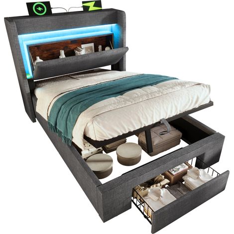 CHICFURN Cama tapizada 90x200 cm con almacenaje hidráulico, cabecero con USB y USB-C, LED regulable, cajón con ruedas y estructura de metal, gris, sin colchón (1/5)