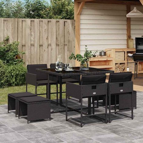 Ensemble de Jardin 9 Pièces - Table + 4 Chaises Pliantes + 4 Tabourets - Résine Tressée Noire avec Coussins et Plateau en Verre (1/5)