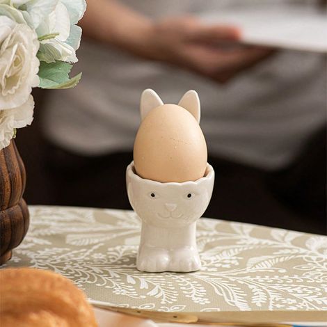 Tasses à œufs en céramique avec lapin de Pâques – figurine créative de printemps, centre de table pour petits déjeuners, fêtes et repas. (1/4)
