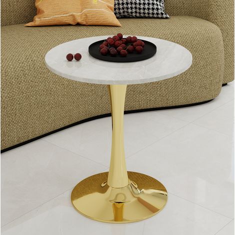 Mesa auxiliar redonda 77.5x77.5x15.5 cm dorado y blanco en mármol artificial con diseño minimalista (1/5)