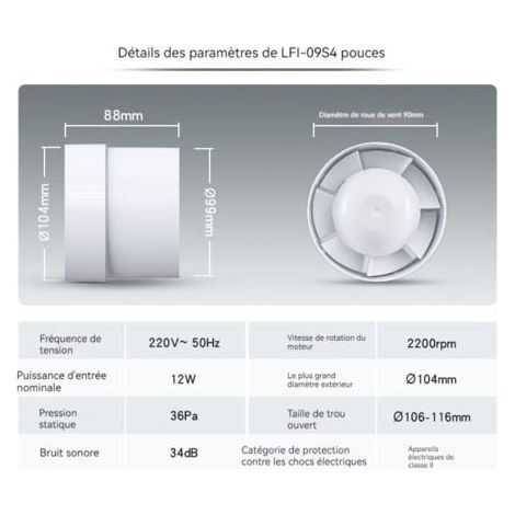 Ventilateurs Extracteur économique 125 mm, 12 W/130 m3, extracteur linéaire à entraînement axial : salle de bain, cuisine, cave.