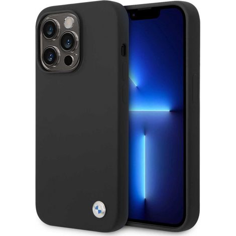 Logo BMW BMHCP15XSILBK iPhone 15 Pro Max 6,7" en silicone noir et métal