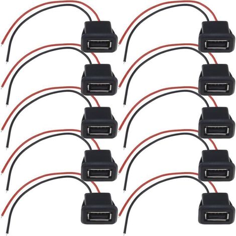 Lot de 10 connecteurs USB 2.0 femelle 2 fils 3 A 2 broches USB femelle avec boucle à rainure pour caméra de vidéosurveillance de voiture enregistreurs audio appareils ménagers 10 cm (1/5)