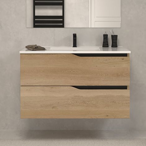 Meuble sous vasque seul, 2 tiroirs, 80cm, pour simple vasque - madera miel (chêne clair) - LUNA