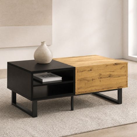 Tavolino da caffè 100 x 50 x 40 cm con 3 scomparti e cassetto, legno e nero DESVIAE (1/5)