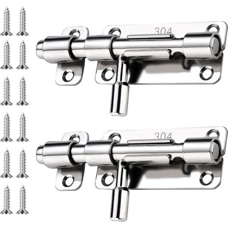 Loquet de porte, ensemble de 2 pièces comprenant une serrure de porte en acier inoxydable, un pêne coulissant avec vis, utilisable pour les portes intérieures et extérieures, couleur argent. (1/5)
