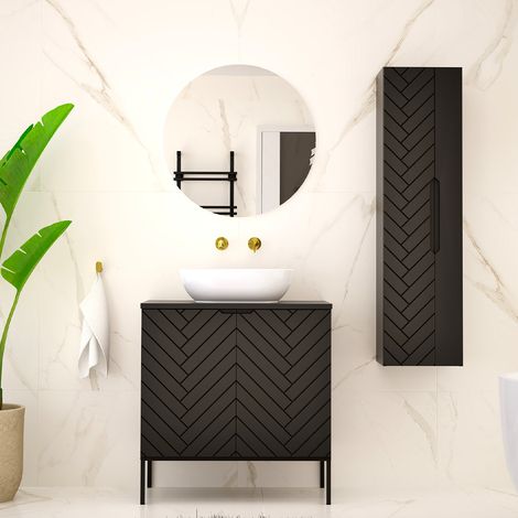 Ensemble meuble simple vasque 80cm 2 portes sur pieds et colonne Daria Noir (1/5)