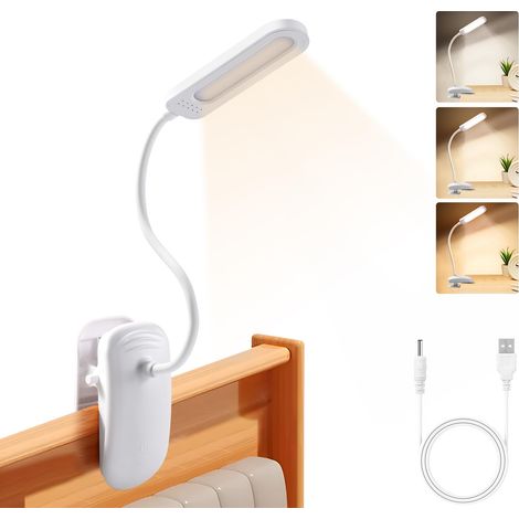 Lampe de Bureau Pince, Lampe de Lecture LED Rechargeable, 360° Flexible, 3 Couleur et Intensité Réglables pour Étude et Travail, Luminosité Protection des Yeux, Blanc (1/5)