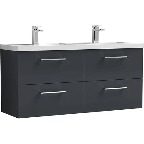 Balterley Bramshall 1200mm Wall Hung 4 Drawer Vanity Unit with Double Polymarble Basin for Modern Bathroom Storage - Dark Grey